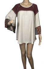 John Mark Boho Ivory Waffle Knit Patchwork Bell Sleeve Top Size S