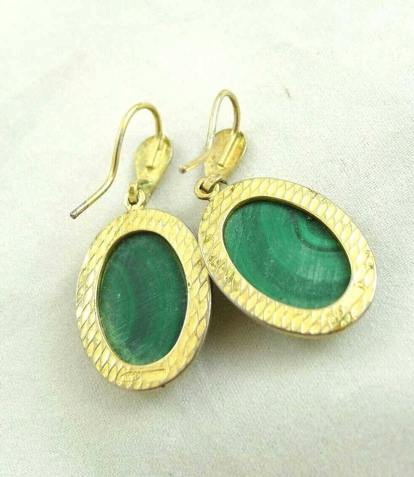 VINTAGE ORECCHINI MALACHITE CABOCHON   ARGENTO 800 POSSIBILE PARURE - Immagine 2 di 3
