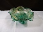 Vintage Imperial Green Carnival Glass Lustre Rose 3 Toed Bowl 7 3/4" Wide