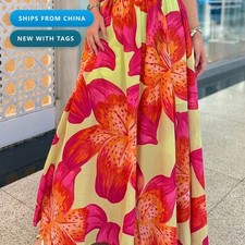 Women's Floral Print Flowy Maxi Skirt Pocketed Polyester Casual Orange
