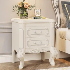 White Nightstand, End Table with 2 Drawers Carved Bedside Table for Bedroom