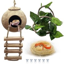 Crested Gecko Coconut Hide,Leopard Gecko Coco Hut Hideout Cave with Ladder,Re...