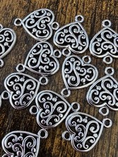 12 silver tone pretty heart connector charms for Jewellery Making