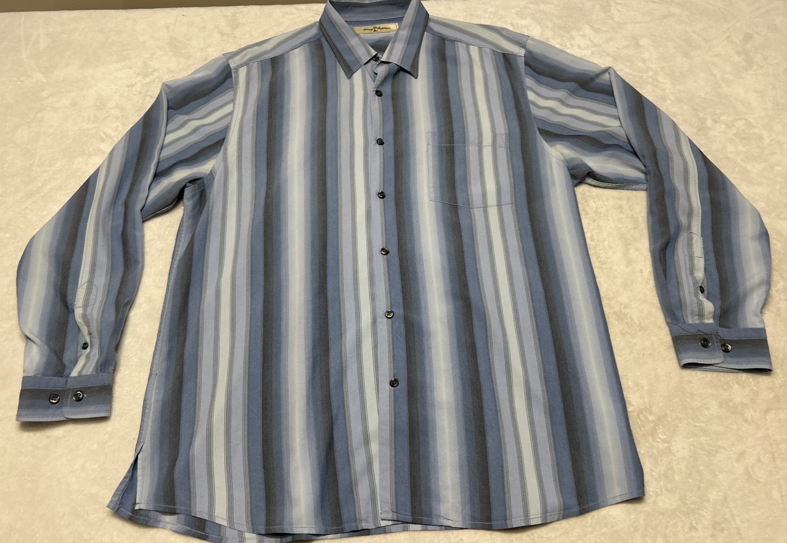 Tommy Bahama Shirt Men's Large Blue Stripe Silk Blend Button Down Casual Work