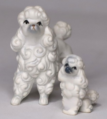 Vintage Porcelain White Poodle Figurine Mama Dog With Puppy