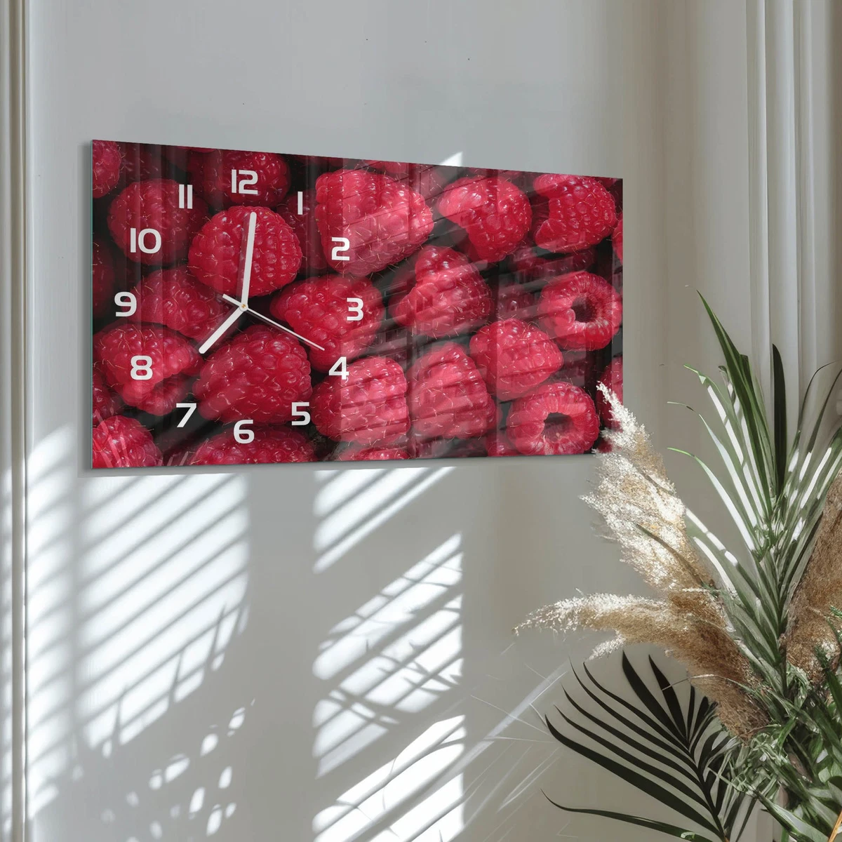 Reloj de Pared Rectangular Cristal Decorativo Premium Frambuesas 60x30 cm