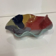 Vintage Original Multi-Color Wavy Ceramic Art Bowl signed Bottom studio pottery 