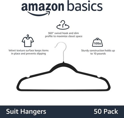 AmazonBasics Velvet Suit Hangers - Black, Set of 50