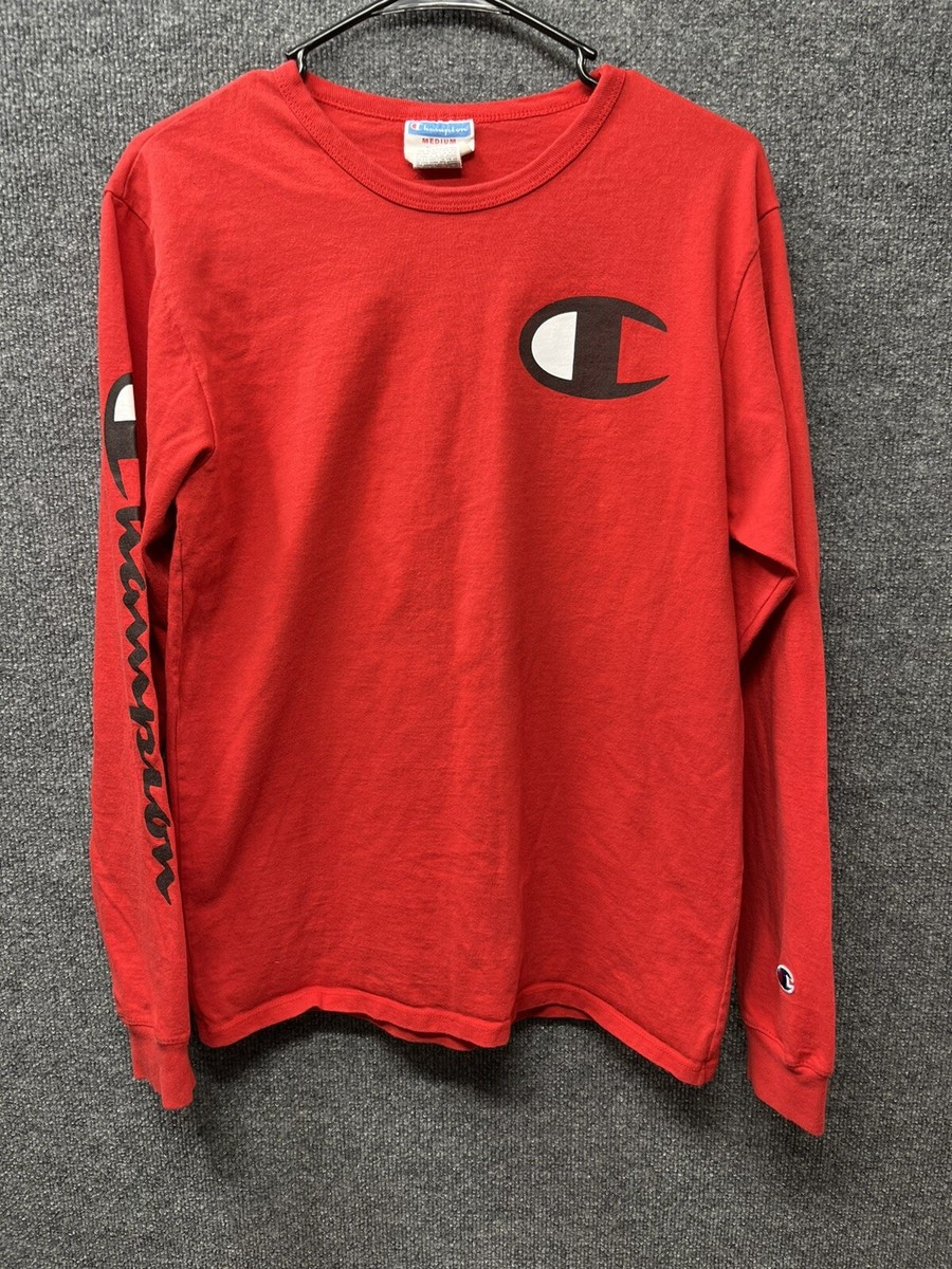 Champion Shirt Men Medium Red Long Sleeve T-Shirt Big C Spellout Logo  Outdoor