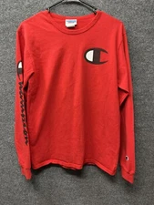 Champion Shirt Men Medium Red Long Sleeve T-Shirt Big C Spellout Logo Outdoor
