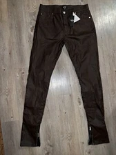 Boohoo Men's Jeans Skinny Stacked Zip Hem Coated Brown Fit 34x35 Button Fly NEW