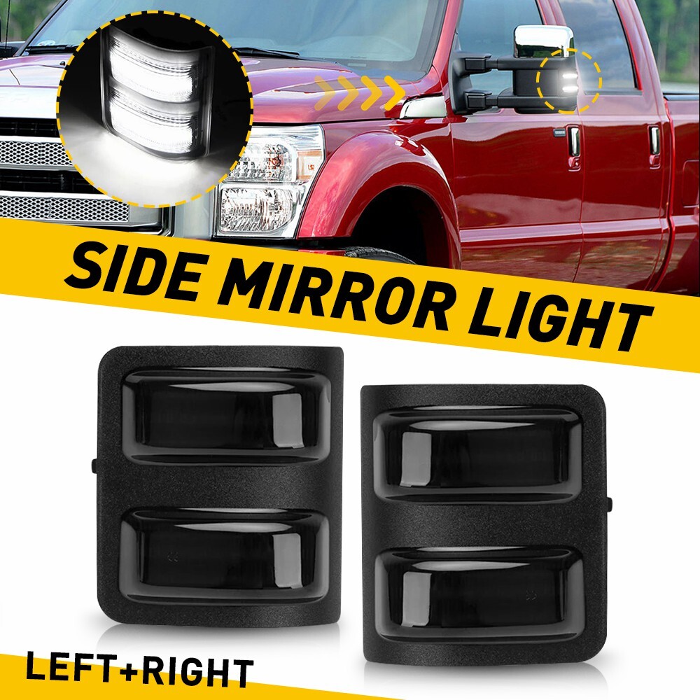 08-16 Ford F250 F350 F450 F550 White LED Side Mirror Turn Signal Lights Smoke Lens Pair