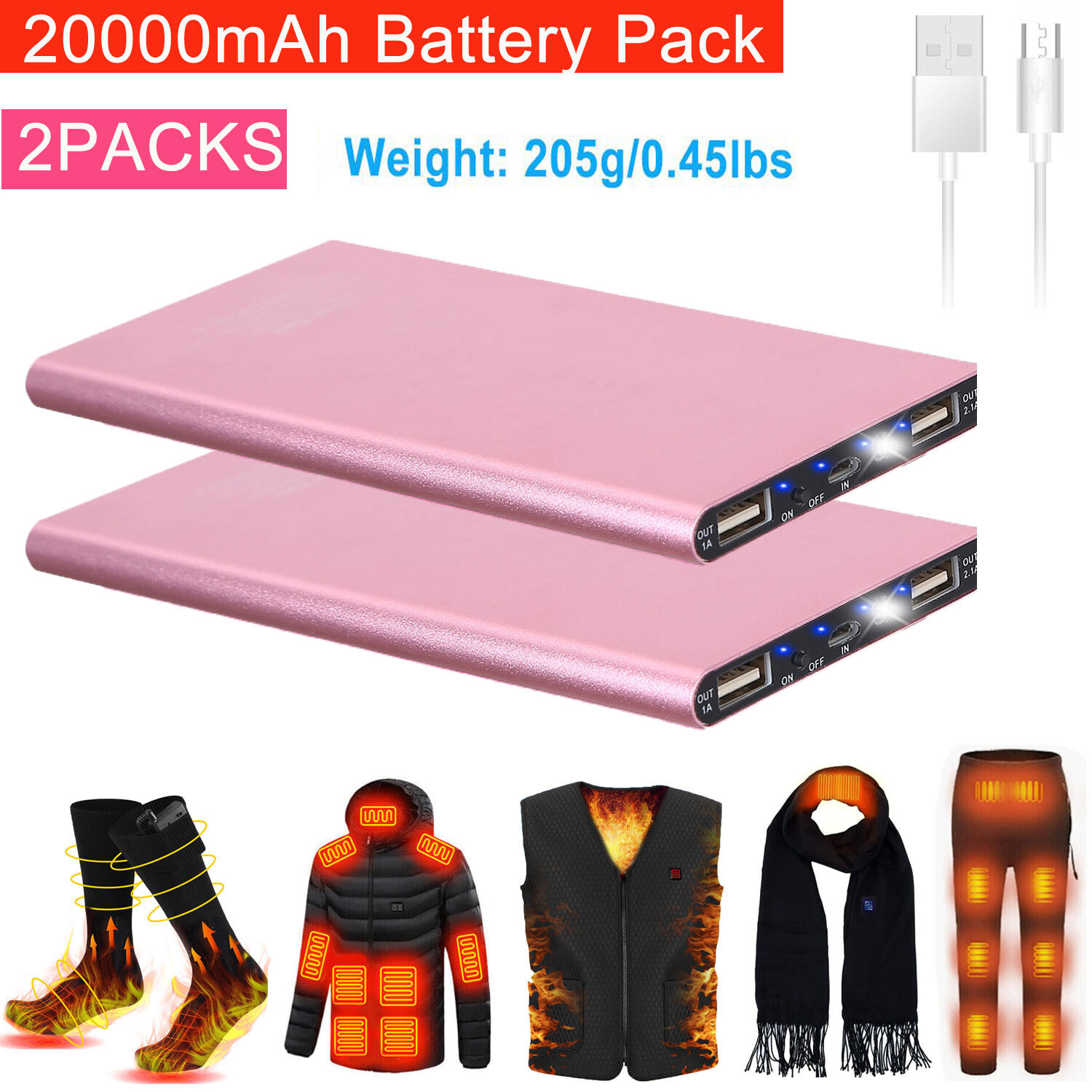 2Pcs 20000mAh Power Bank for Heated Vest Jacket Scarf USB Charger Battery Pack-image