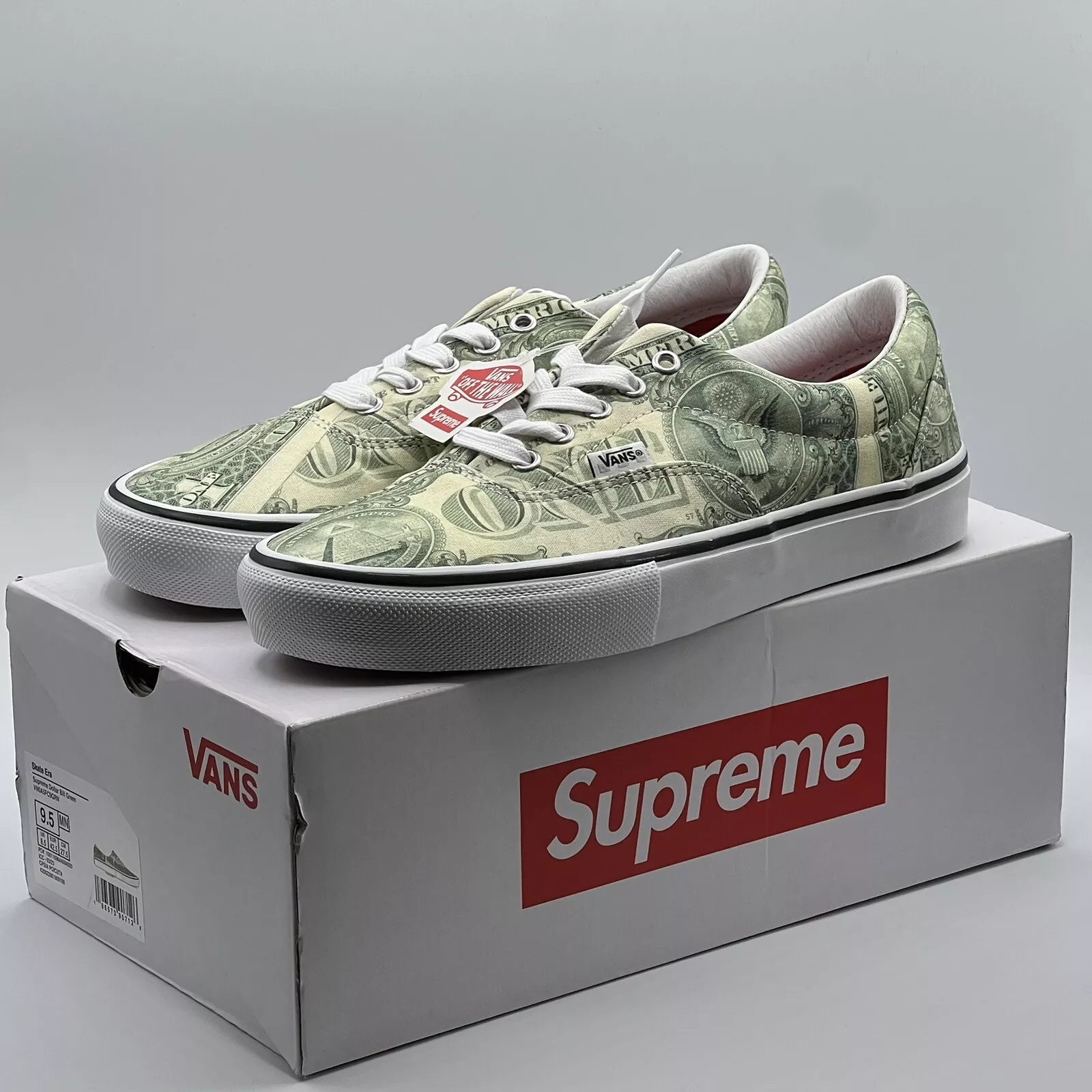 Vans Skate Era Supreme Dollar Bill vert bas homme taille 9,5 neuf avec étiquette SS23 VN0A5FC9GRN