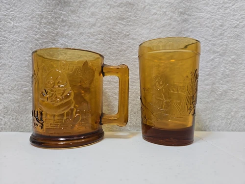 Tiara Amber & Clear Nursery Rhyme Glass Mugs Humpty Dumpty & Tom Tom Piper's Son