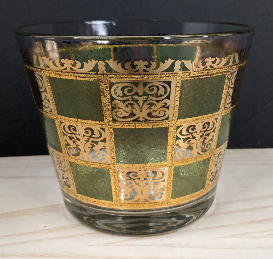 Vintage Culver Prado Ice Bucket 22K Gold Trimmed Signed Green MCM