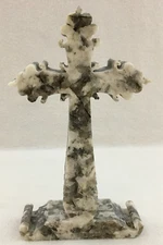 Granite Christian Cross Ornate Polished Carved Stone White Gray 6" Tall