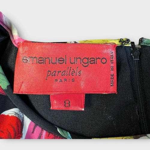 Vestido Ungaro Paralelo Negro Seda Estampado Floral Almohadillas Inferiores en Niveles 8 - Imagen 9 de 15