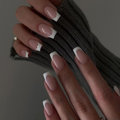 Eckig Nägel Zum Aufkleben, 24 Stück French Tip Press on Nails Kurz, Squoval Nude