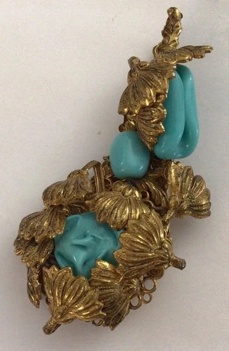 Vintage Signed Miriam Haskell Brooch Pendant Gold Brass Silver Metal  FE-27