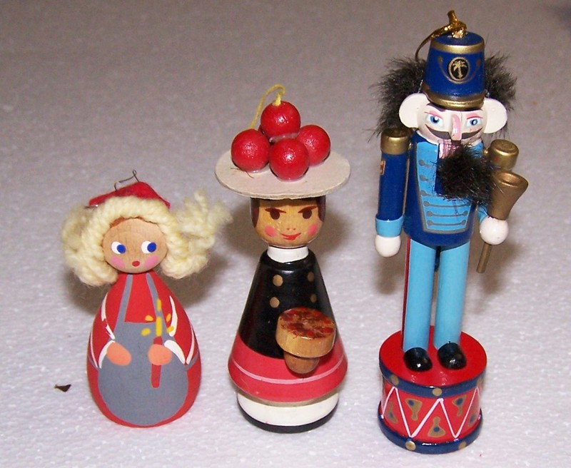 Three Wood Christmas Ornaments:  Ethnic Ladies and Mouse King