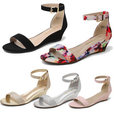 Women Ankle Strap Open Toe Low Wedge Heel Summer Casual Dress Wedge Sandals