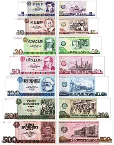 German Democratic Republic 5-500 Mark 7 Pieces Set, 1971-1985, P-27-33, UNC