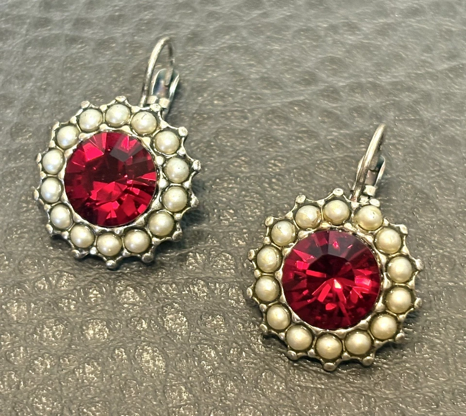 Mariana Earrings Red Faux Pearl Made With Swarovski Crystals Leverback Drop - Image 4 of 4
