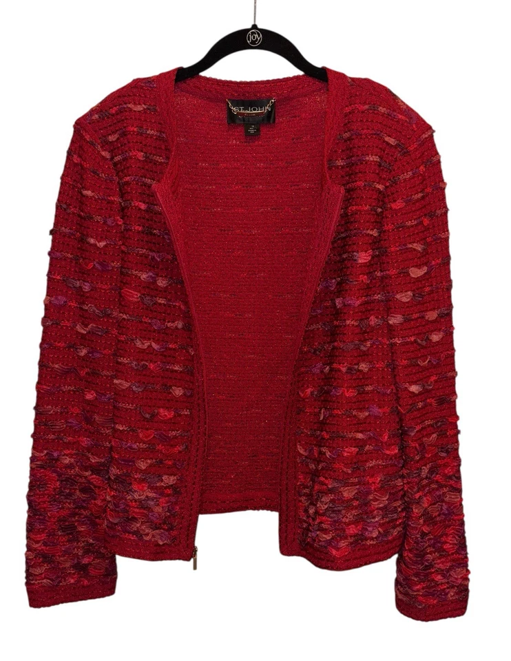 St. John Couture Red Ribbon Knit Shimmer Boucle Zip Sweater Jacket 14 - Image 3 of 4