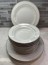 CELEBRATION Fine China White~Gold Trim Dinner Plate/Small Plate/Bowl Set for 4