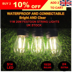11M Festoon String Lights S14 LED Bulbs Outdoor Party Garden Patio Waterproof UK