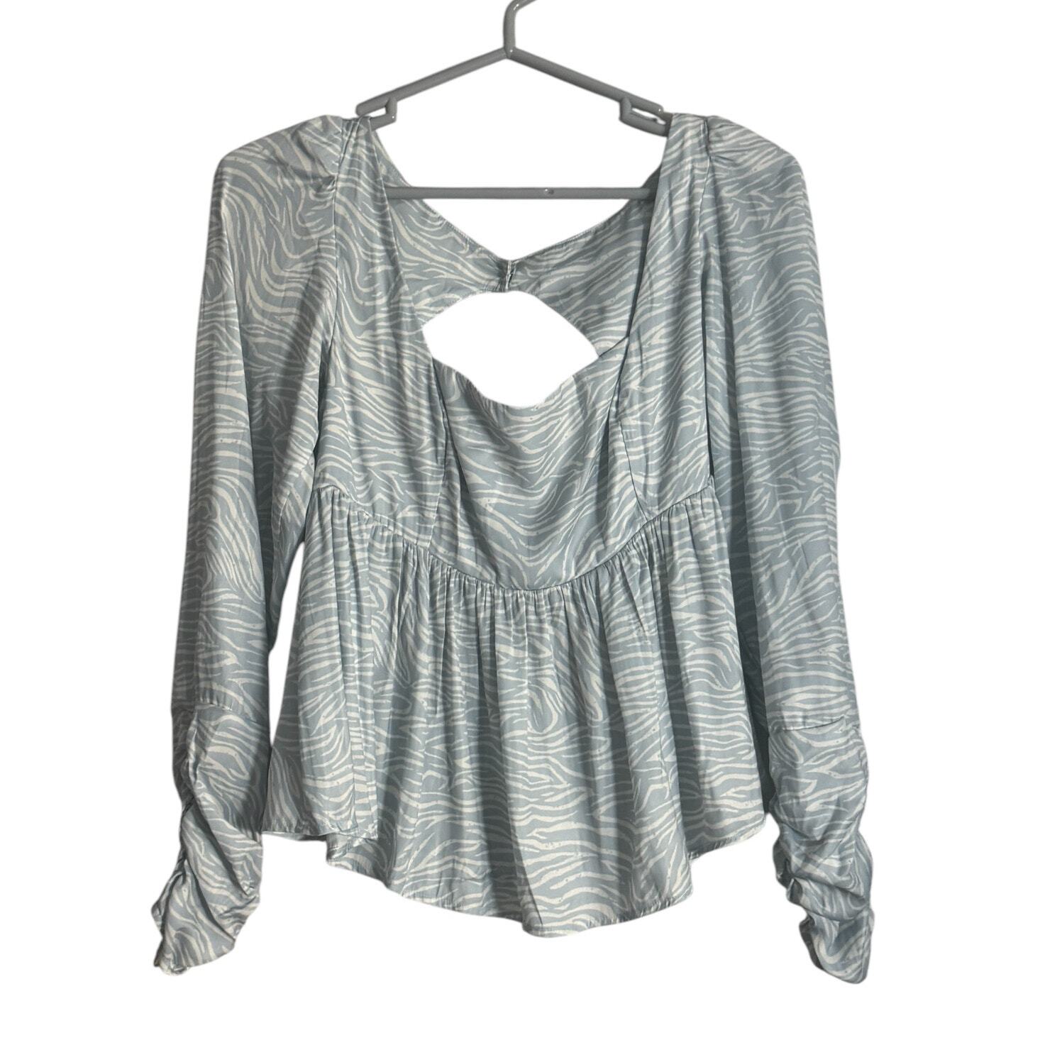 Free People Zebra Print Blouse Womens Small Blue Silky Open Back Bohemian Boho