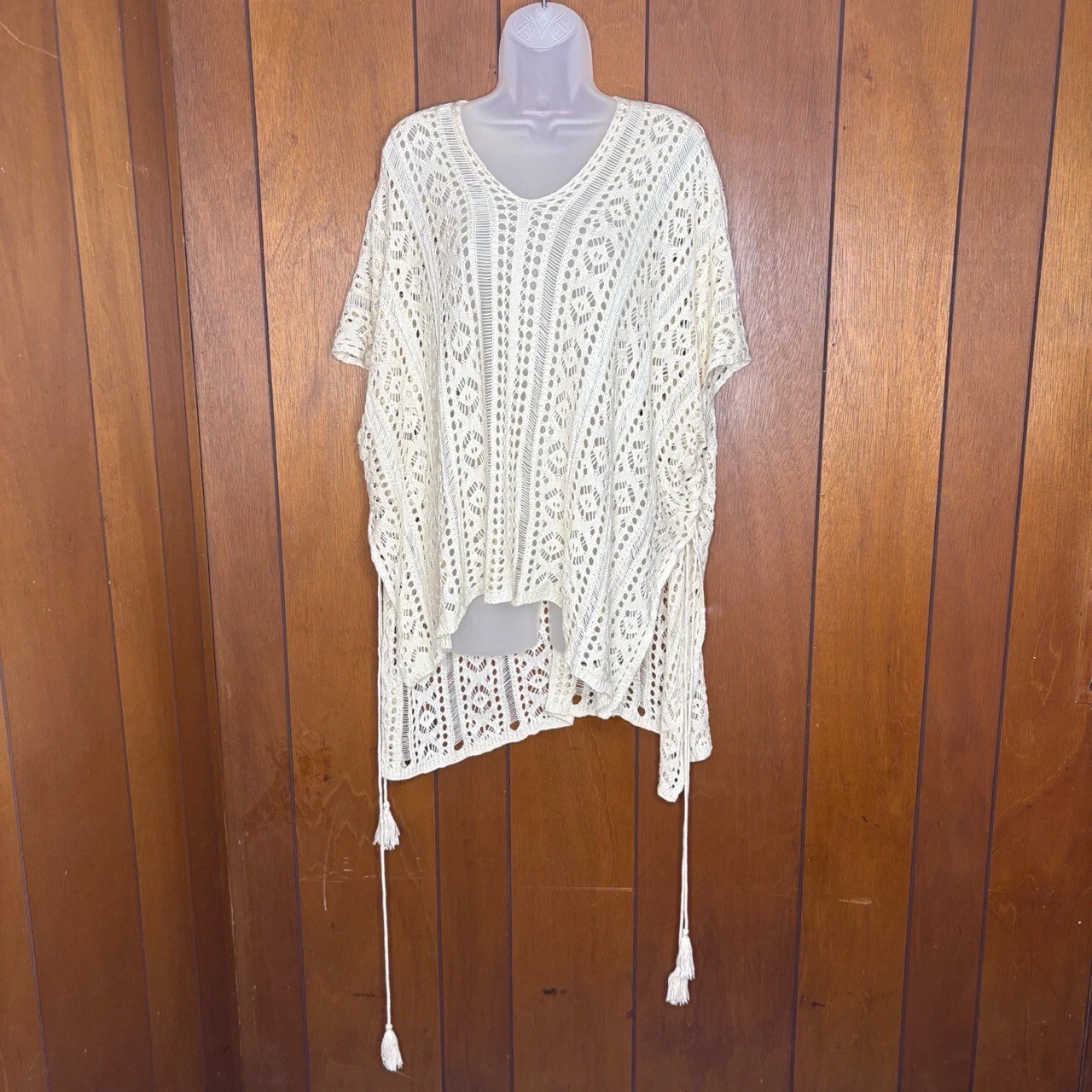 Boho Cream Crochet Lace Up Poncho Top One Size Tassel Festival Coverup Fairycore