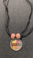 WICKED Black Ribbon Bottle Cap Bling Charm Necklace Sparkly Pink Beads