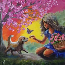 Painting Spring Bloom Puppy Signed Wall Art Decor Gift Original Ukrainian Artist