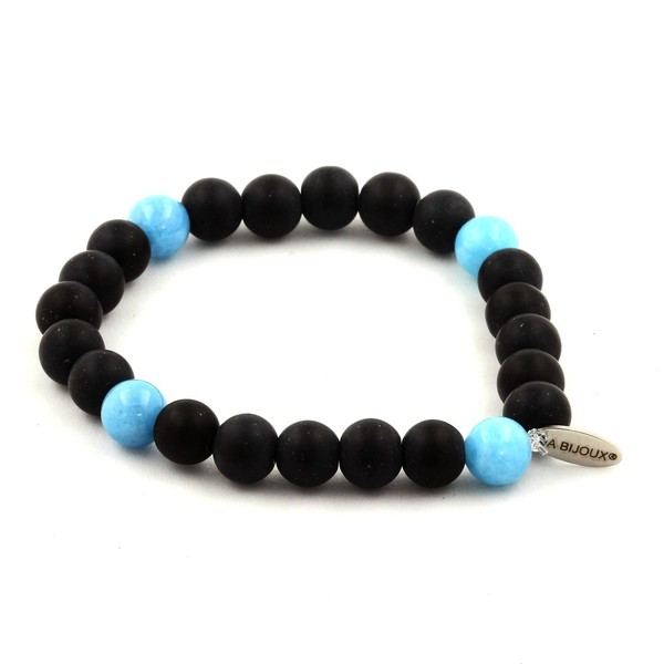 Steine Und MinéRaux. Armband Perlen Schwarz Onyx Matt + Chalcedon Blau 8 Mm.-image