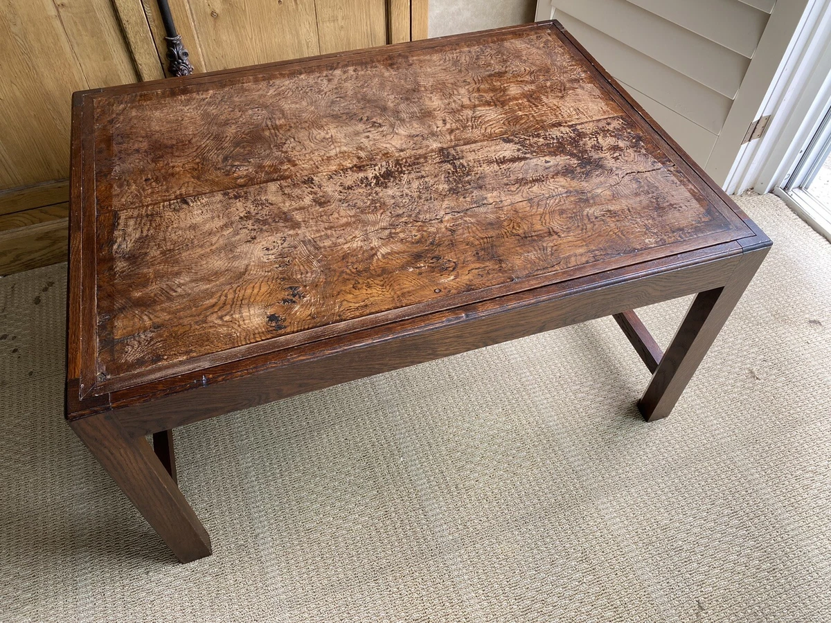 English Antique Oak With Burl Wood Top Coffee Table Cocktail Table