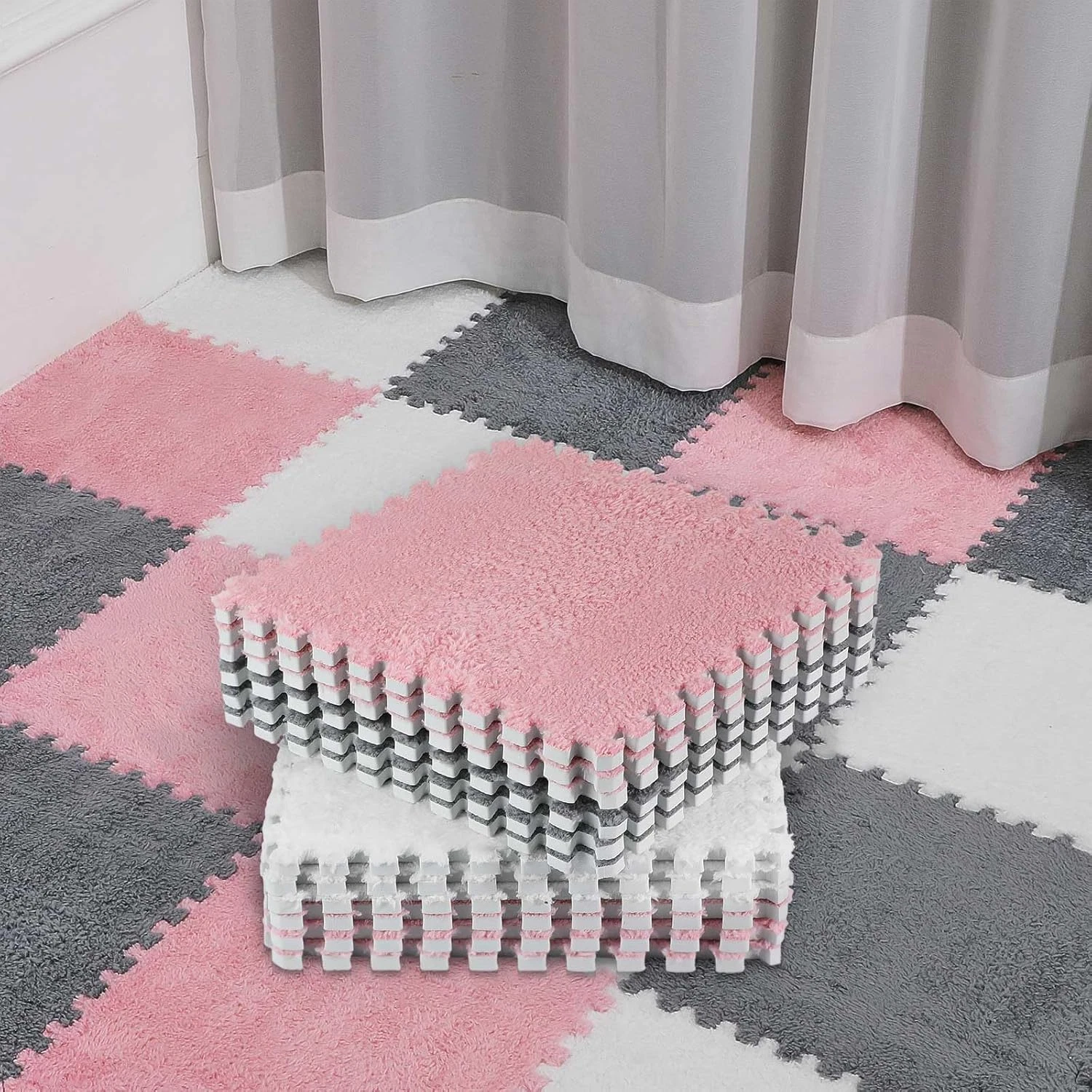 72 Pieces Plush Foam Floor Mat Square Interlocking Carpet Tiles with Border 12 X