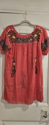 RAJ Embroidered Cotton Long Blouse Floral Bohemian Cottage Women Pink Medium