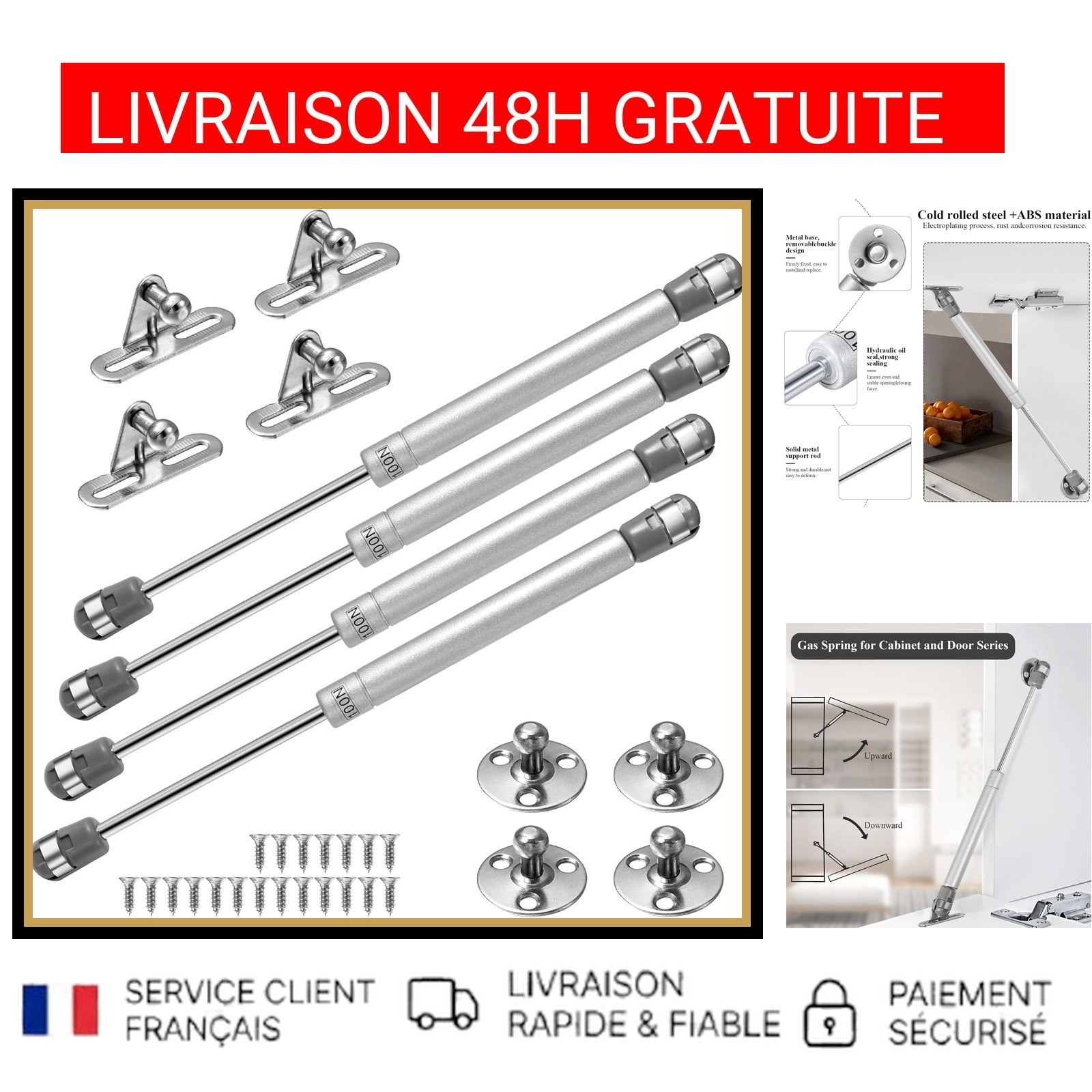 Vérin à gaz 100N Vinabo lot de 4 pour porte de meuble de cuisine