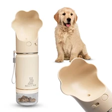 Portable Dog Water Bottle, 10oz Stainless Steel Food Dispenser, Cream