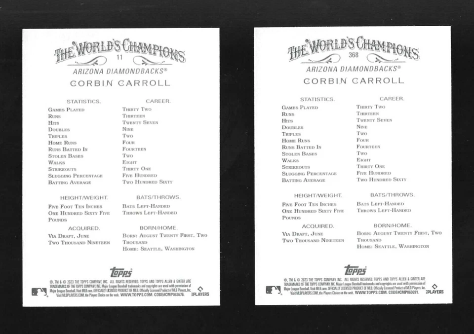 2023 ALLEN & GINTER Corbin Carroll SP HIGH NUMBER 368 and base RC 11 X2 ROOKIE - Image 2 of 2