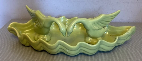 Haeger Pottery Chartreuse Swan Console Set 3 Piece Large Leaf Bowl & Pair Birds