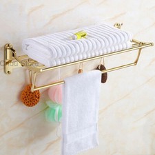 Luxury Gold Bathroom Folding Towel Rack Holder Shower Clothes Shelf Double Shelf