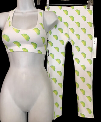 Morgan Stewart  Sport Yoga Sport Bra And Leggings White Lime Print Nwt Size Xs/s