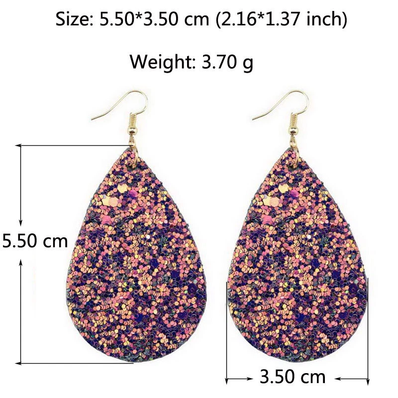 Pendientes colgantes de cuero en lágrima con lentejuelas brillantes para mujer Bohemia  Foto 2 de 4