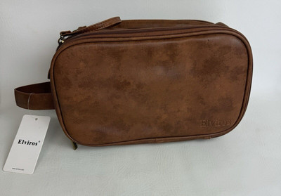 Elviros Men Toiletry Bag Water-Resistant PU Leather Travel Dopp Shaving Kit New