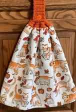 Double hanging kitchen towel Fall cats crocheted orange top