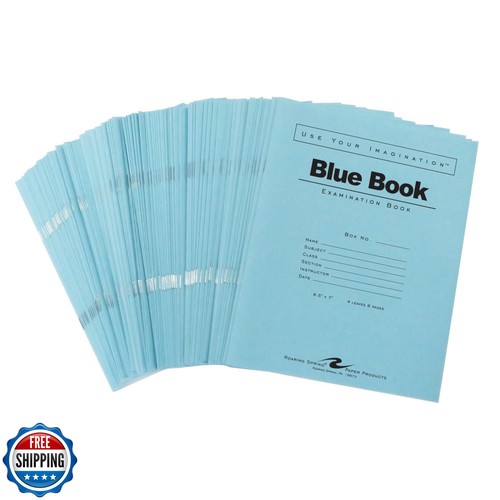 ROARING SPRING Exam Blue Books, 100 Pack, 8.5" x 7", 4 Sheets/8 Pages, Wide R