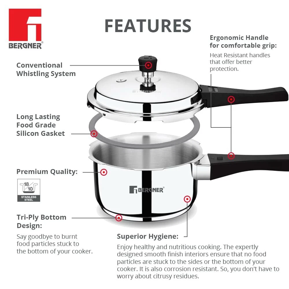 Bergner Sorrento Stainless Steel Pressure Cooker with Outer Lid 3 Ltr Free Ship